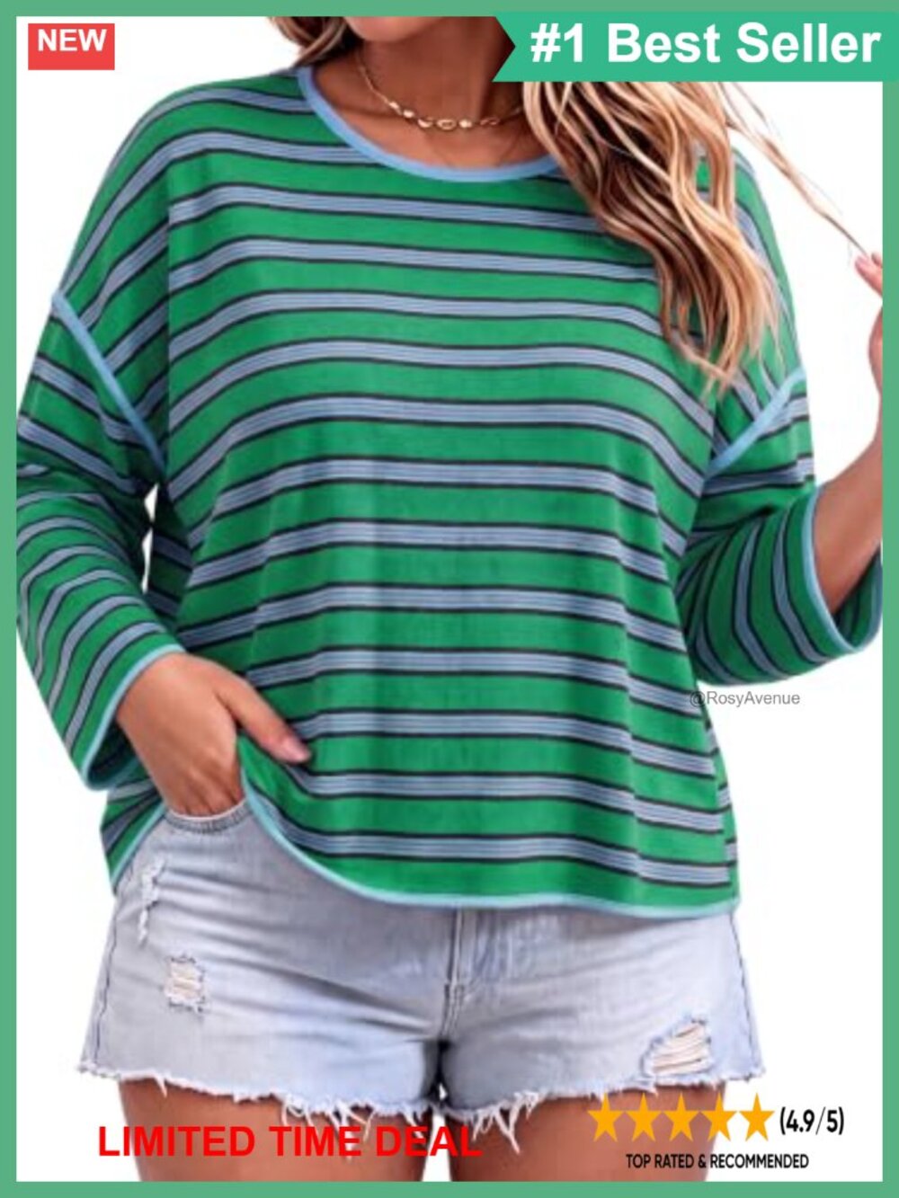 Womens Plus Size Striped Long Sleeve T-Shirt Boxy Drop Shoulder Tee